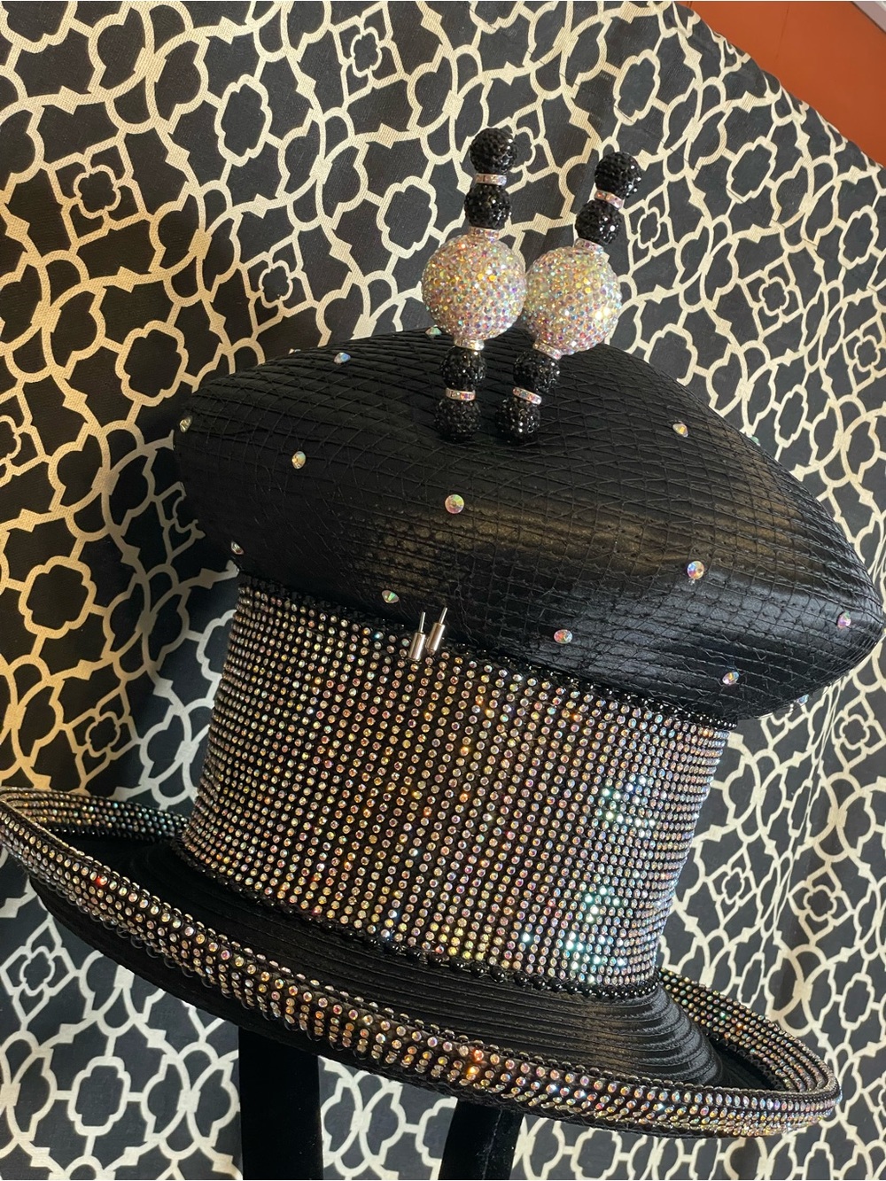 Black Rhinestone-Embellished Statement Hat
